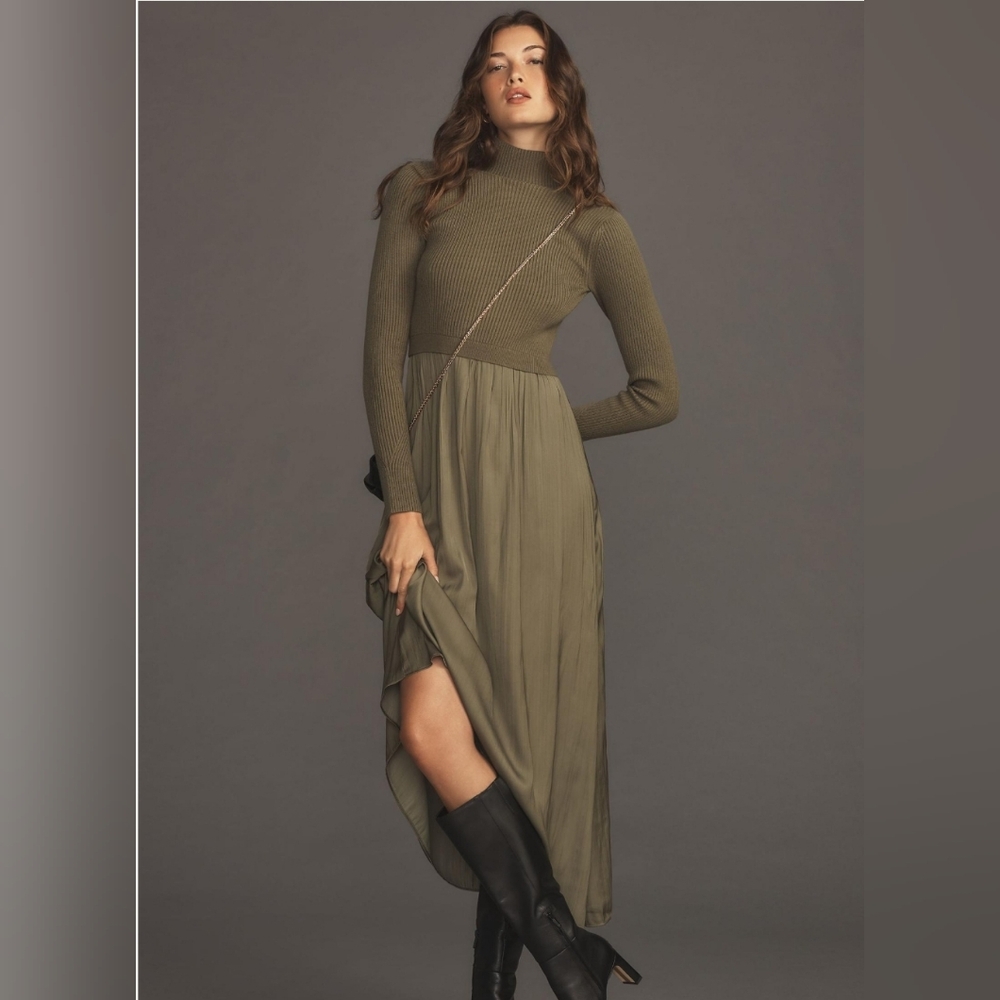 NWOT Anthropologie Thea Twofer Sweater Dress Moss Green Large Petite PL L